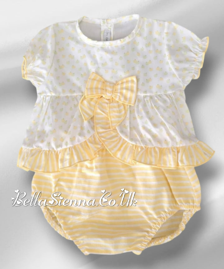 Calamaro Baby Girls Apple Jam Pants Set With Lemon Bow - 11109