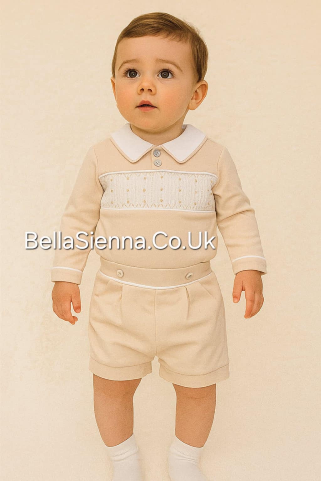 Mintini Baby Boys Beige & Ivory Smocked Top & Shorts Set - MB6582