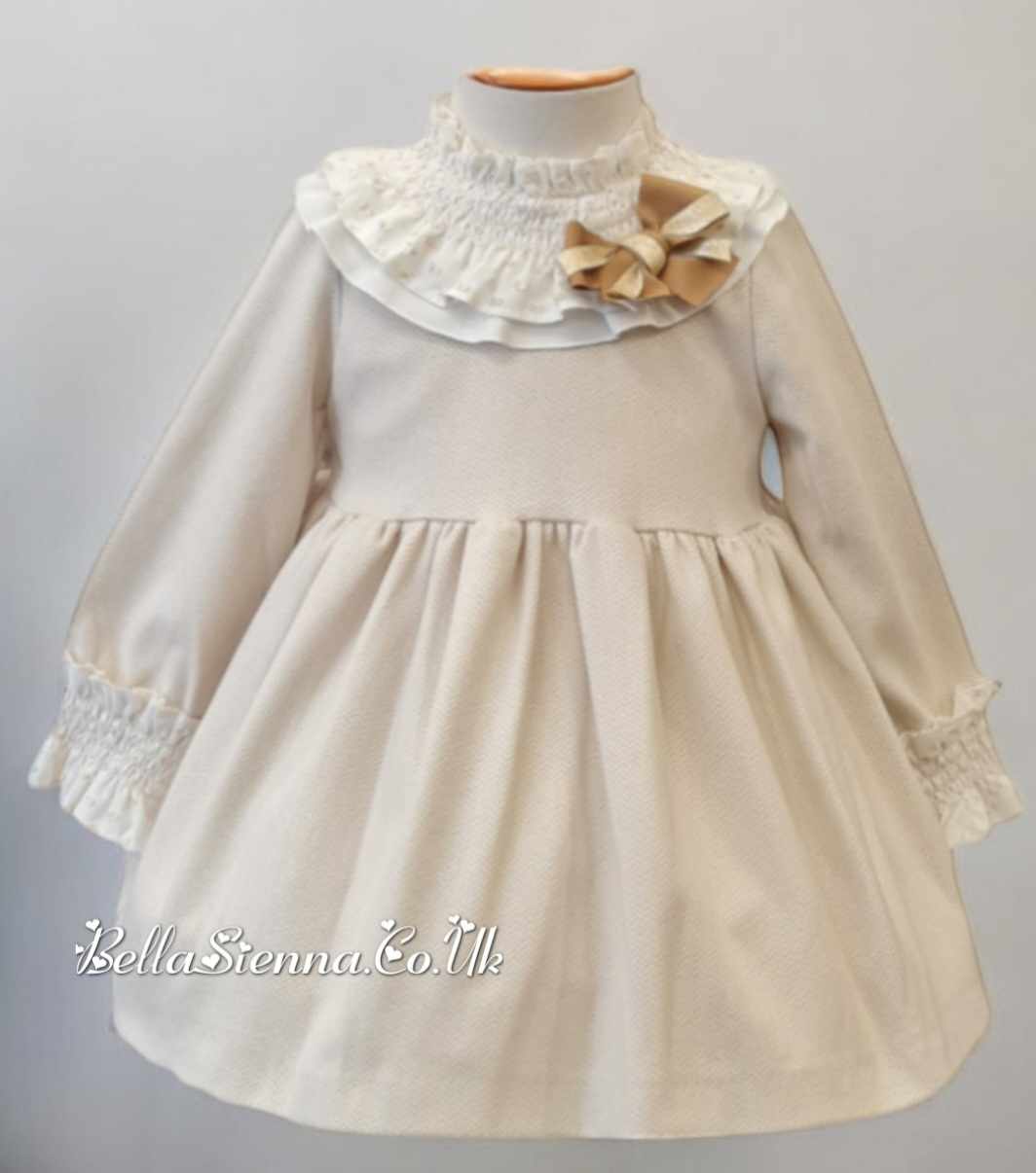 Basmarti Beige & Ivory Winter Dress With Bow & Gold Detail - 24911 Bella Sienna Basmarti Beige & Ivory Winter Dress With Bow & Gold Detail - 24911 Bella Sienna