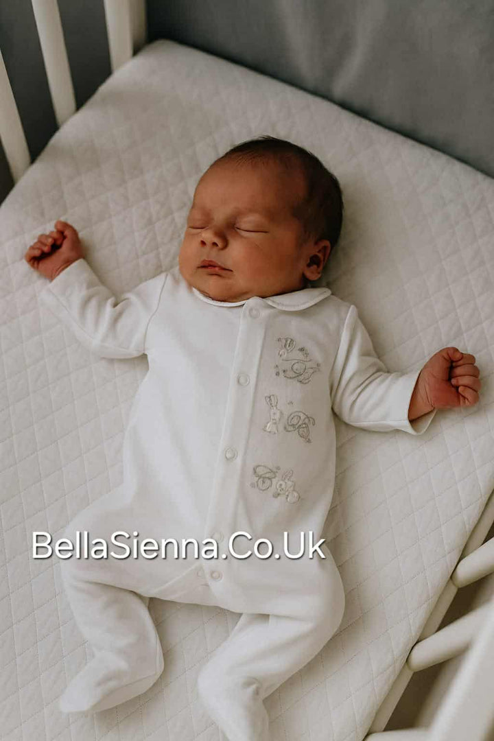 Unisex White Velour Embroidered Sleepsuit Babygrow - PP0301