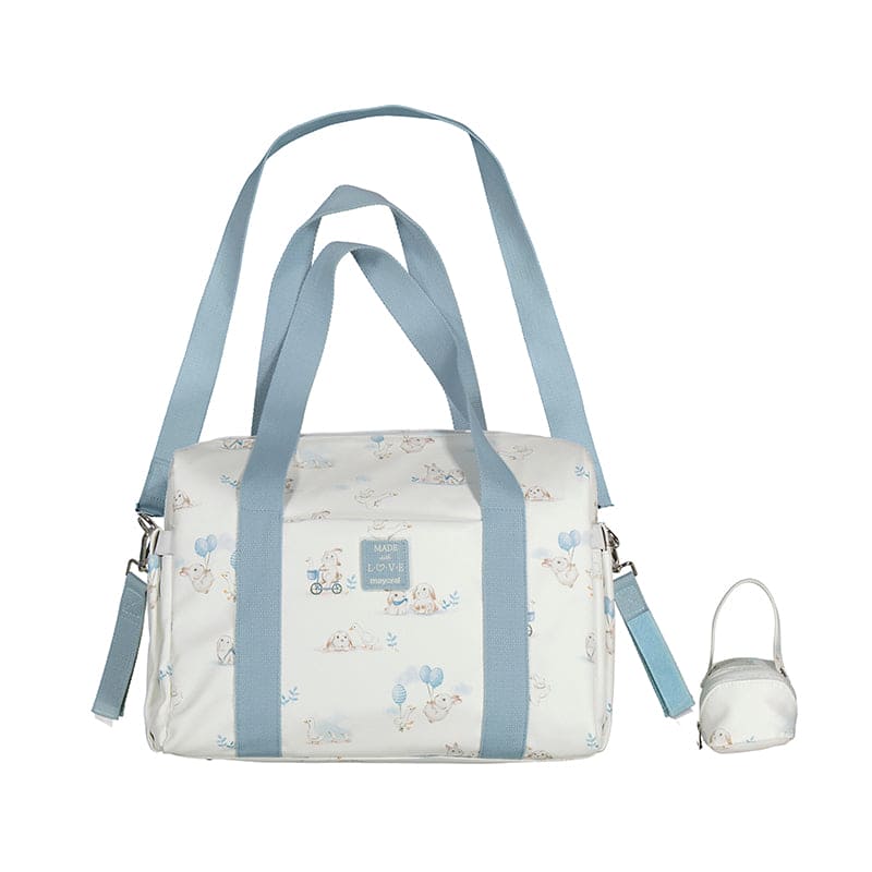 Mayoral White & Blue Print Baby Changing Pram Bag With Dummy Holder -19502