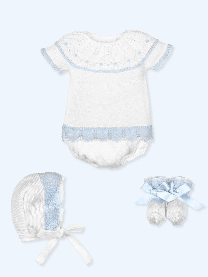 Mac ilusion Knitted Baby Shawl With Ruffle & Bow - White & Blue - TO102