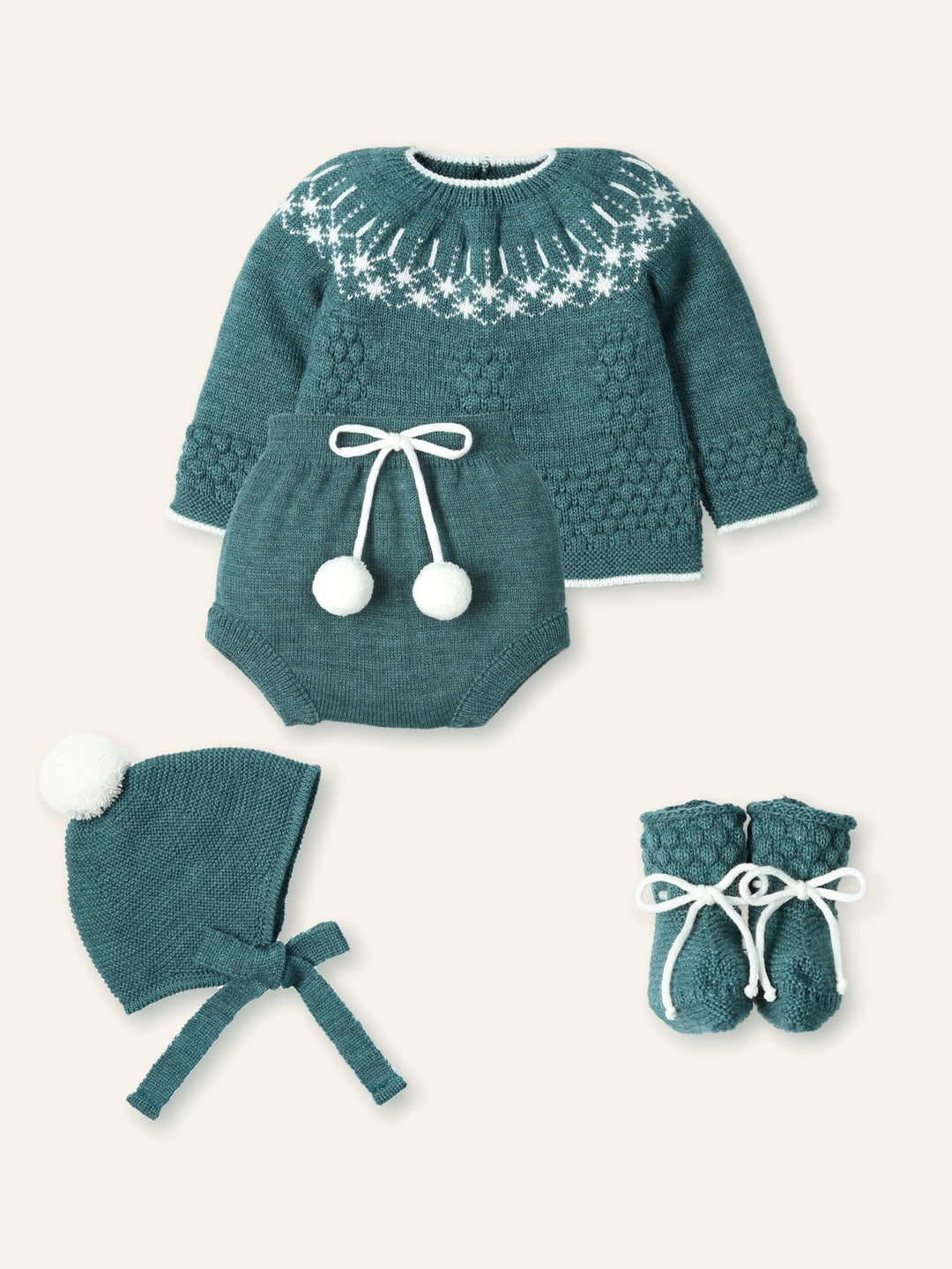Mac ilusion Boys Green & White Four Piece Knitted Pom Pom Set -9838 - Cedro