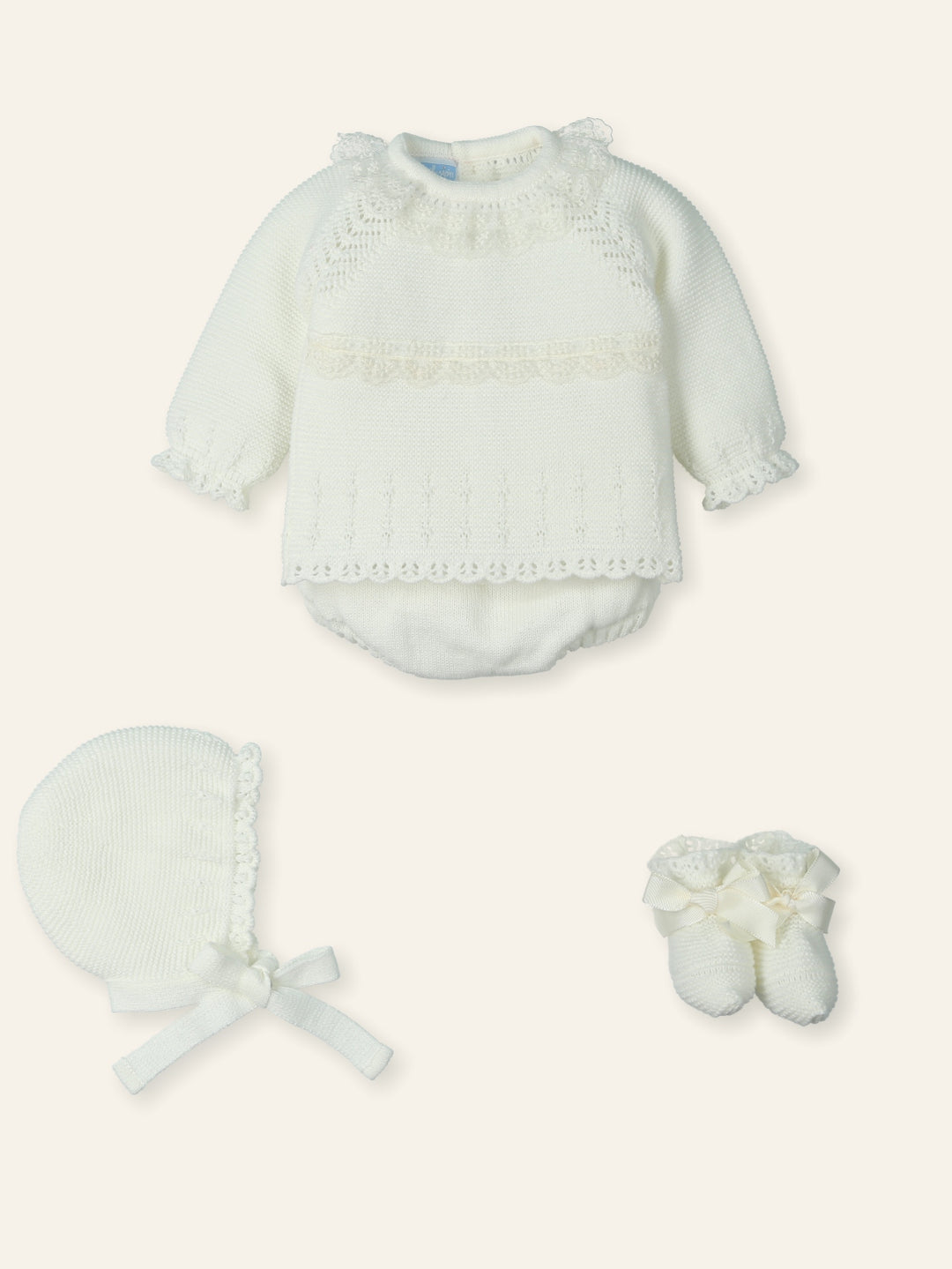 Mac ilusion Baby Girls Four Piece Ivory Knitted Set With Ivory Lace - 9842 - Crudo