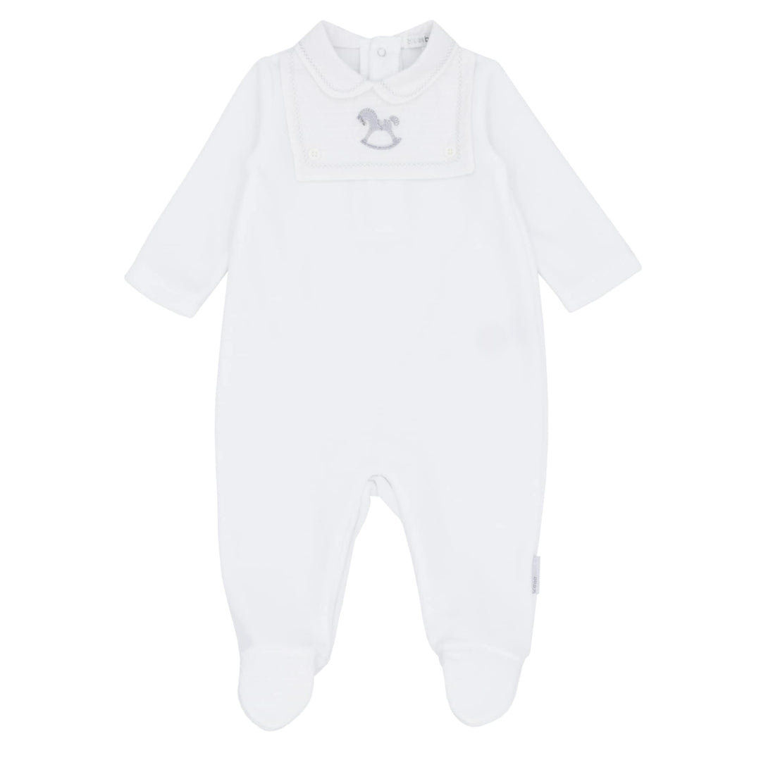 White Velour Rocking Horse All In One Sleepsuit Babygrow - BB2077