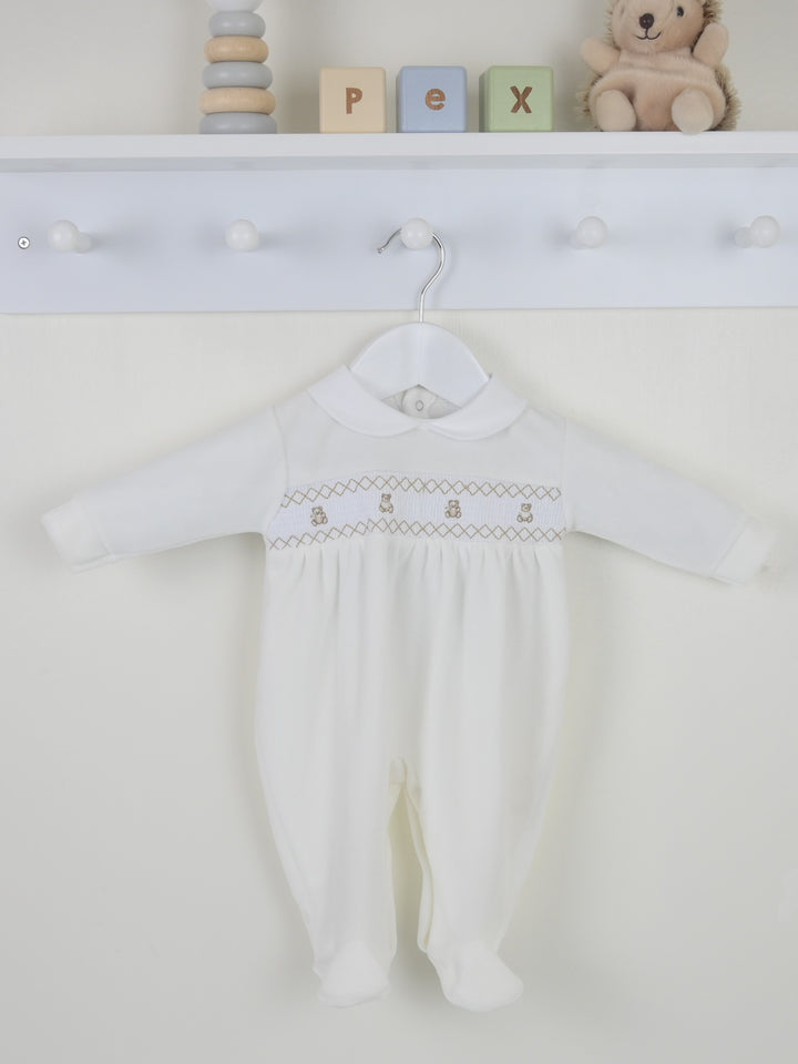 Pex Velour Smocked Teddy Bear All In One Babygrow Sleepsuit - Ivory -B027200700