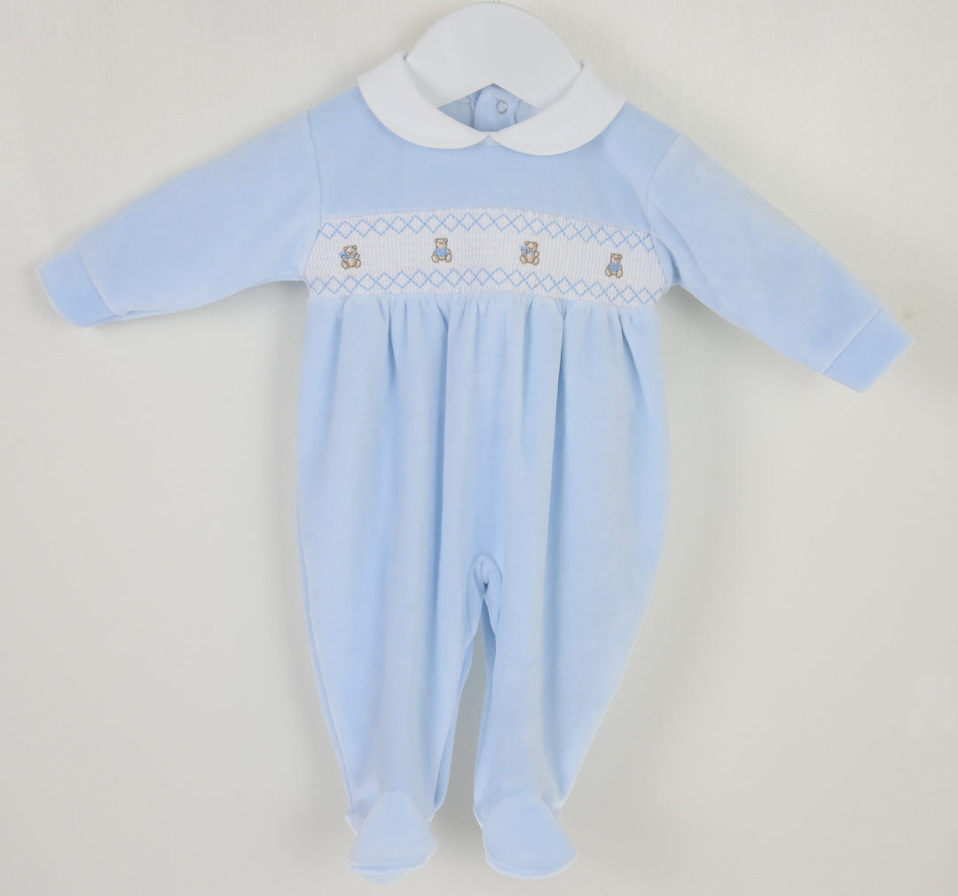 Pex Velour Smocked Teddy Bear All In One Babygrow Sleepsuit - Pale Blue -B027200700