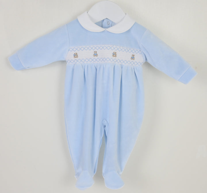 Pex Velour Smocked Teddy Bear All In One Babygrow Sleepsuit - Pale Blue -B027200700