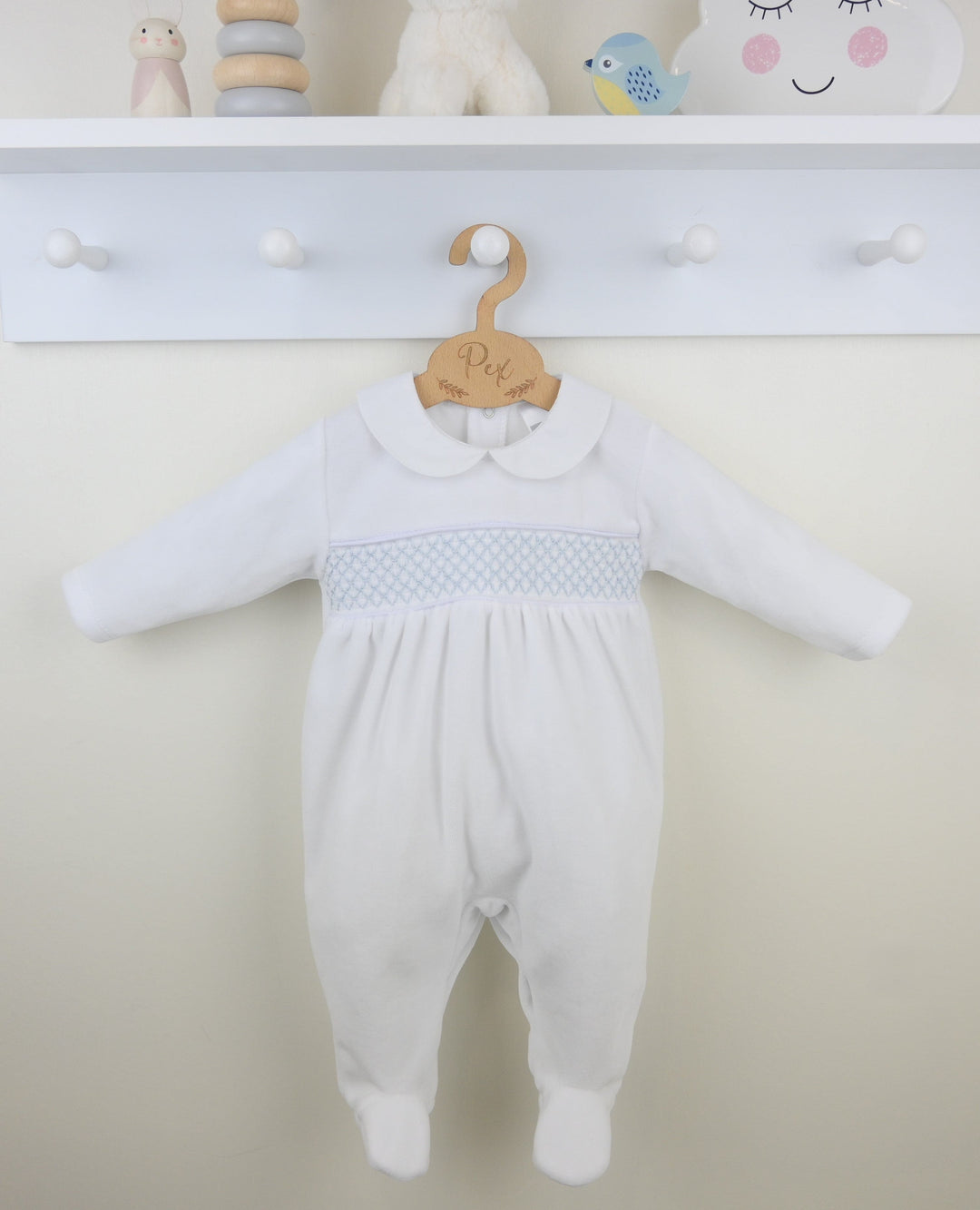 Pex "ALBERT" White & Blue Smocked Velour Babygrow - B0782 (Copy)