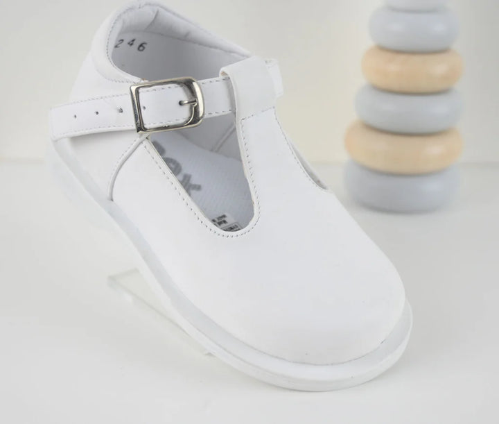 "Stef" Pex White Leather Unisex T Bar Shoes