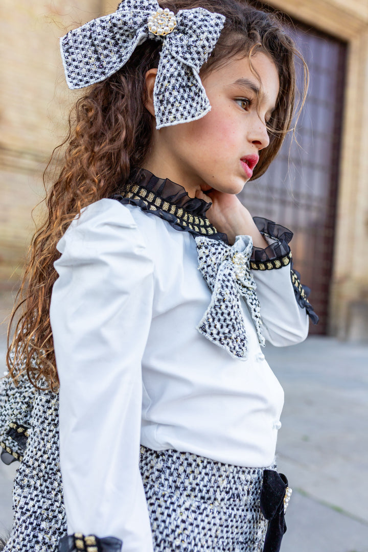 AW24 Naxos Girls Black Chanel Tweed Three Piece Set - Blazer, Blouse & Skirt