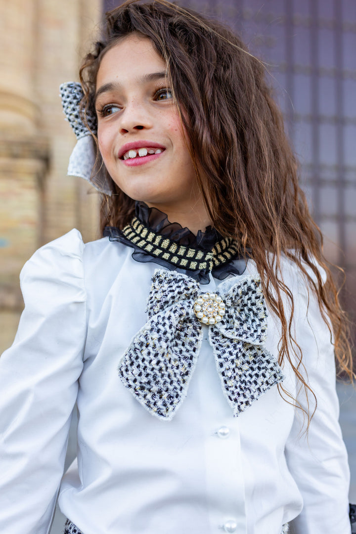 AW24 Naxos Girls Black Chanel Tweed Three Piece Set - Blazer, Blouse & Skirt