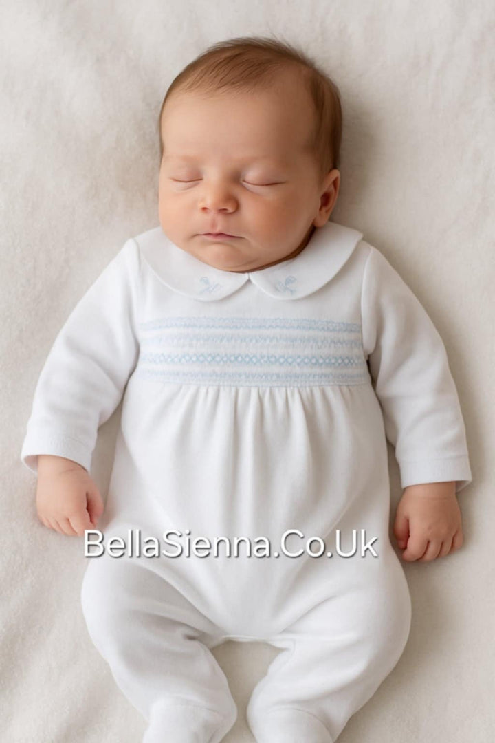 Deolinda Unisex Baby White & Blue Velour Smocked Babygrow With Embroidered Bunny Rabbits - DBI25130