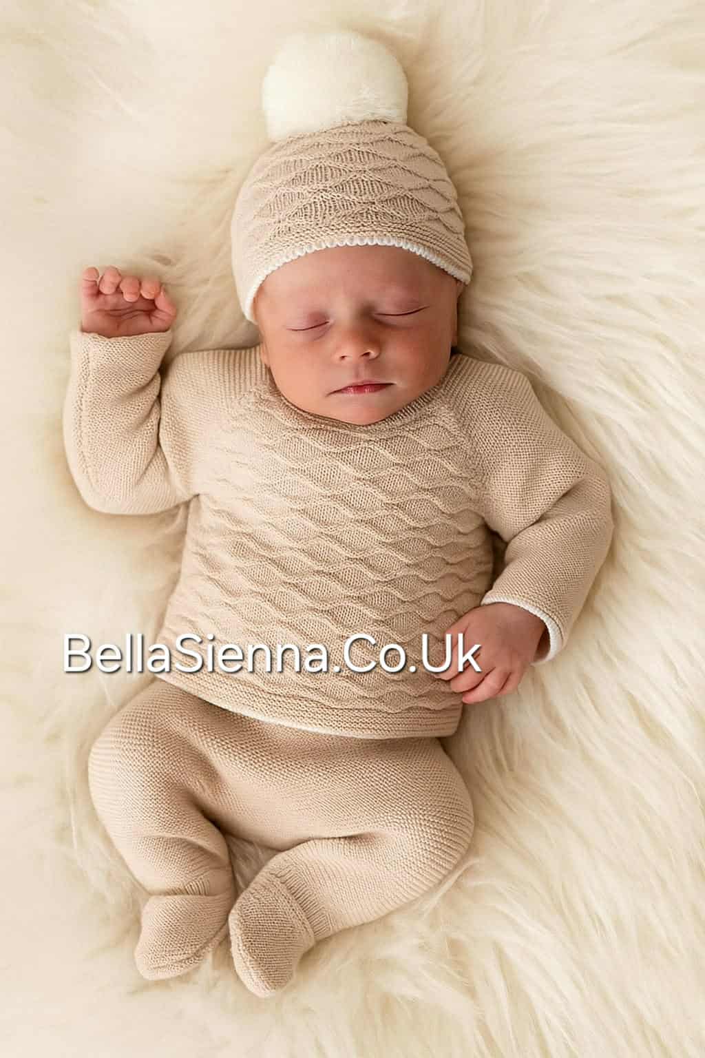 Unisex Beige Three Piece Knitted Set With Hat - C7005