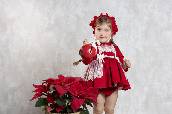 Abuela Tata Red & Cream Baby Dress, Pants & Bonnet Set - 1299345