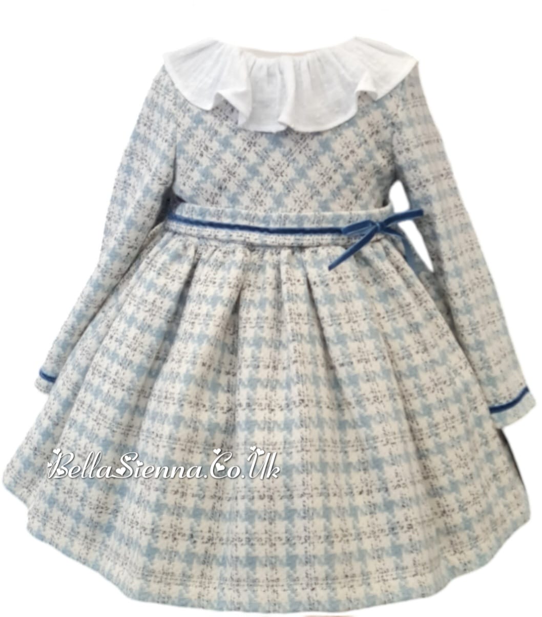 Basmarti Blue & White Winter Dress With Belt & Bow - 24512