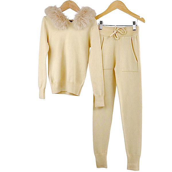 Beige Faux Fur Hood Co-ord Lounge Set - 3002