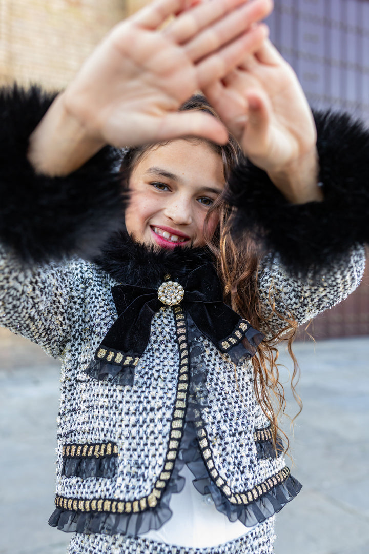 AW24 Naxos Girls Black Chanel Tweed Three Piece Set - Blazer, Blouse & Skirt