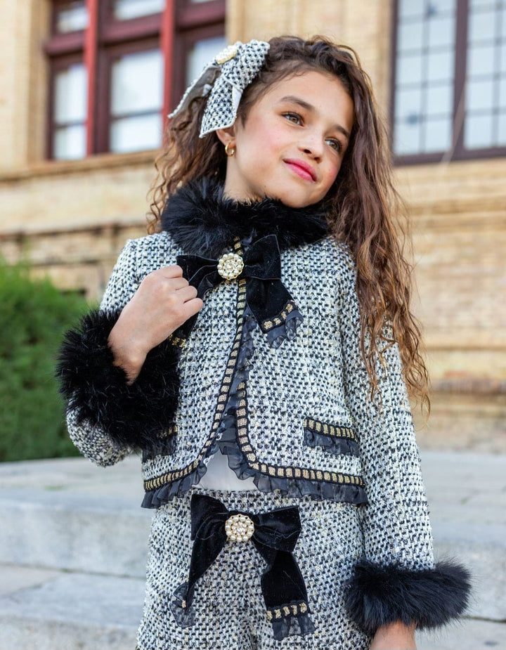 AW24 Naxos Girls Black Chanel Tweed Three Piece Set - Blazer, Blouse & Skirt