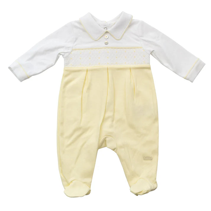 Unisex Smocked Lemon & White All In One Babygrow, Sleepsuit - MB6478