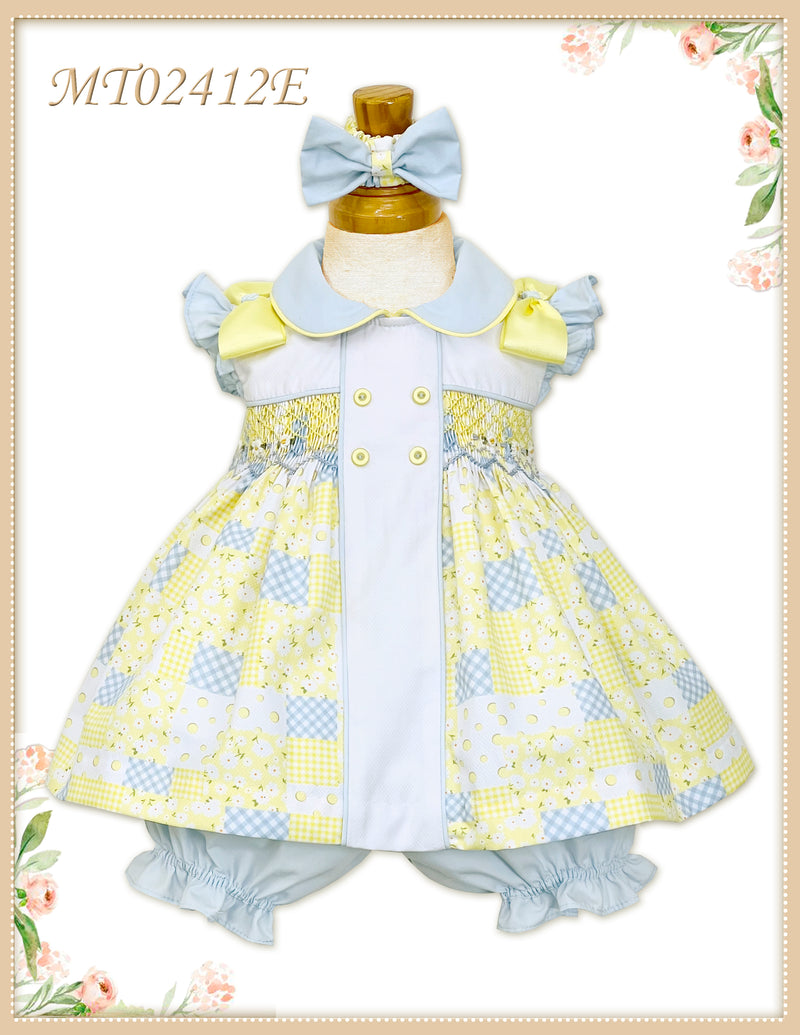 Pretty Originals Girls Blue, Lemon & White Hand Smocked Dress, Bloomers & Headband - MT02412
