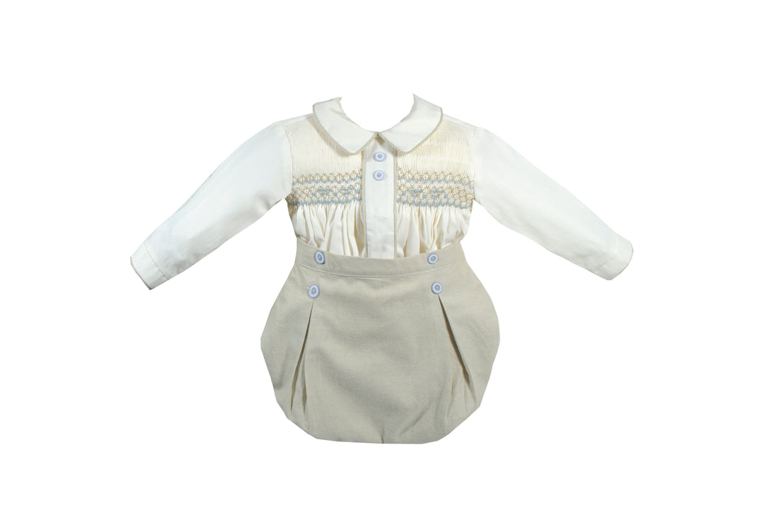Pretty Originals Boys Cream, Wheat & Blue Hand Smocked Outfit - MT02444