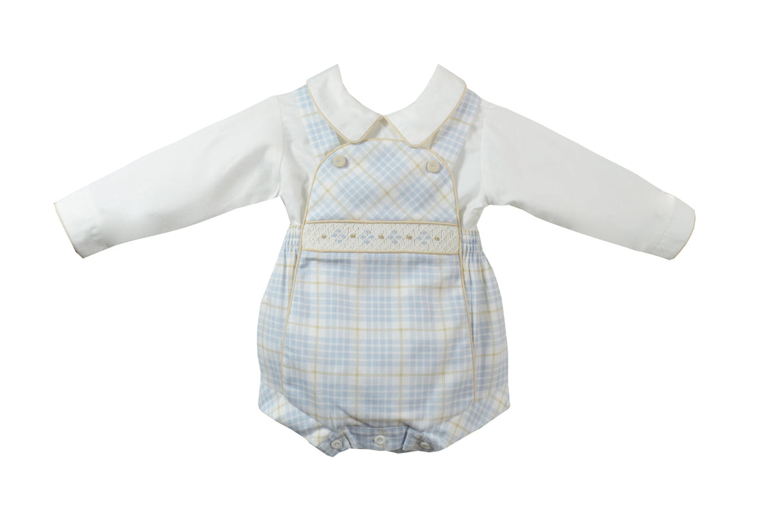 Pretty Originals Boys Hand Smocked Ivory/Beige/Blue Romper & Shirt Set - MT02453