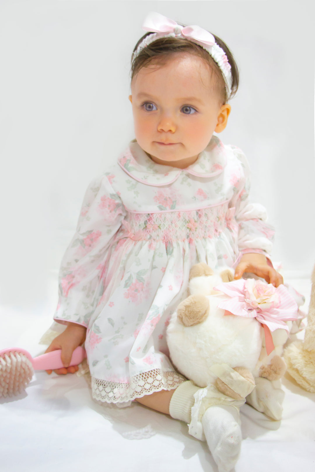 Pretty Originals Girl Pink & Ivory Print Dress, Bloomers & Headband Set - MT02464