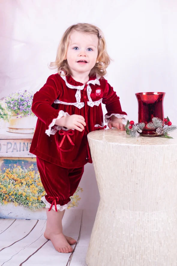 Beau Kid Girls Soft 2 Piece Red Velvet Pyjama Set With Embroidered Horse And Carriage, With White Lace Trim And Satin Bows - 54031 -