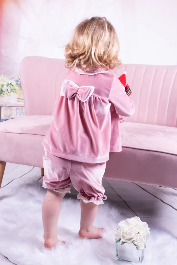 Beau Kid Girls Soft 2 Piece Red Velvet Pyjama Set With Embroidered Horse And Carriage, With White Lace Trim And Satin Bows - 54031 -