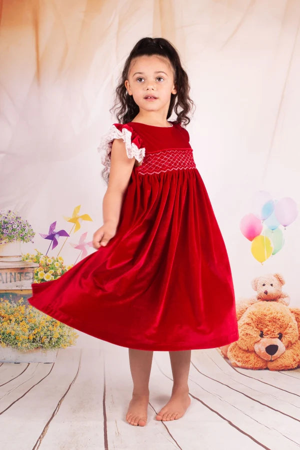 Beau Kid Girls Red Soft Velvet 2 Piece Smock Night Dress & Gown Set With White Lace Trim -54033