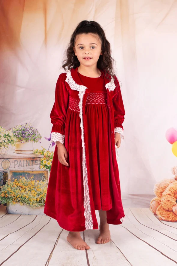 Beau Kid Girls Red Soft Velvet 2 Piece Smock Night Dress & Gown Set With White Lace Trim -54033
