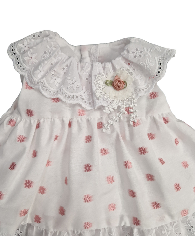 Lor Miral White Baby Dress & Matching Pants With Pink Flowers - 41007