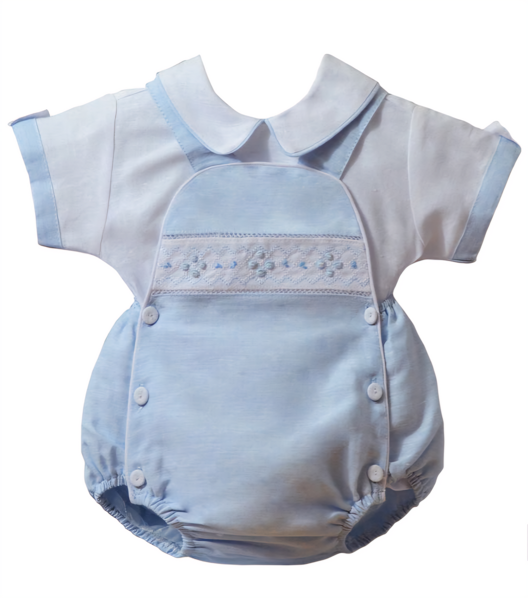 Pretty Originals Boys White & Blue Embroidered Shirt & Romper Set - DL61807