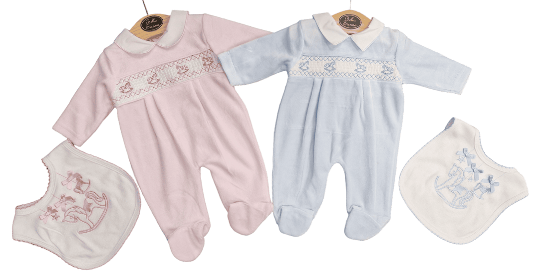 Pink Velour Smocked Babygrow With Embroidered Rocking Horses