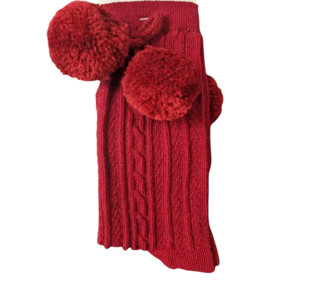 Bella Sienna Unisex Burgundy Knee High Pom Pom Socks