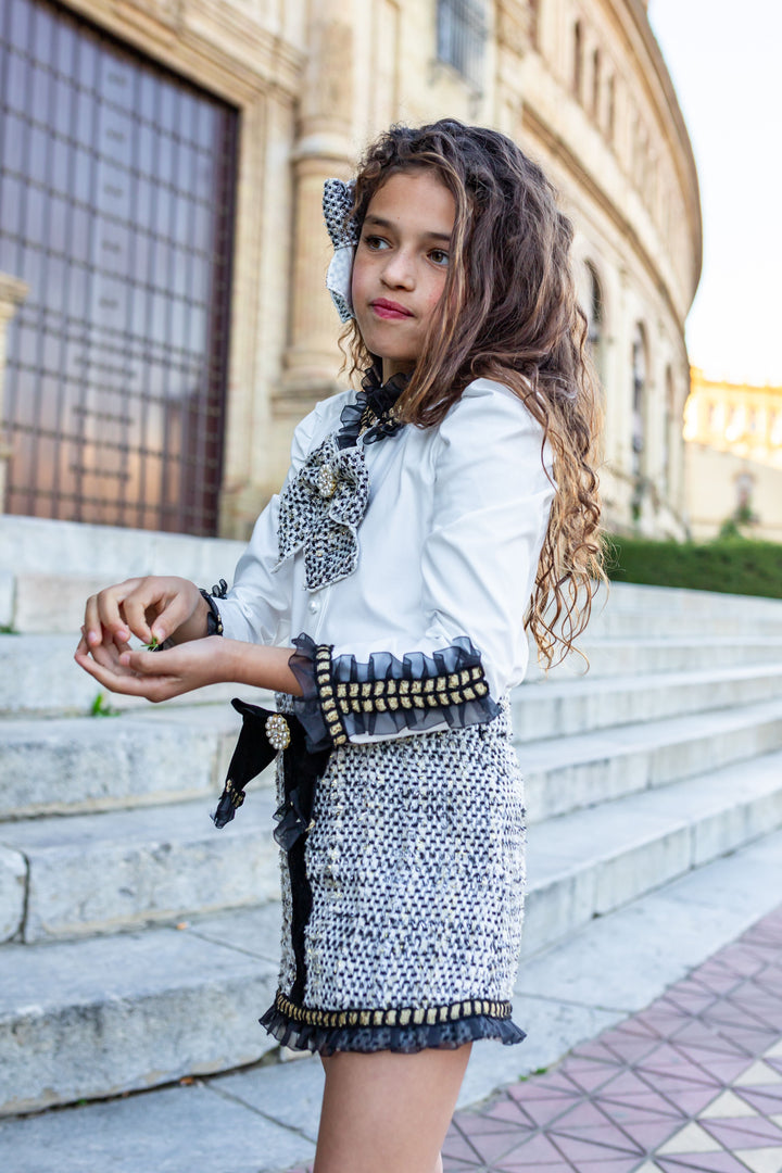 AW24 Naxos Girls Black Chanel Tweed Three Piece Set - Blazer, Blouse & Skirt