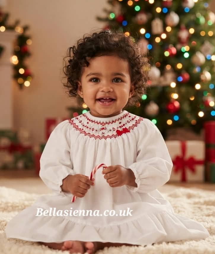 Sarah Louise Long Sleeved Smocked White & Red Dress