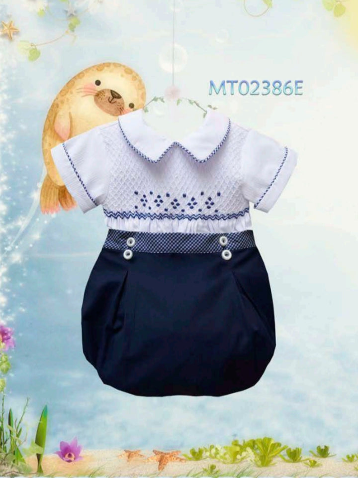 Pretty Originals Baby Boys Navy Blue & White Hand Smocked Outfit - MT02386