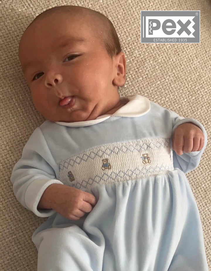 Pex Velour Smocked Teddy Bear All In One Babygrow Sleepsuit - Pale Blue -B027200700