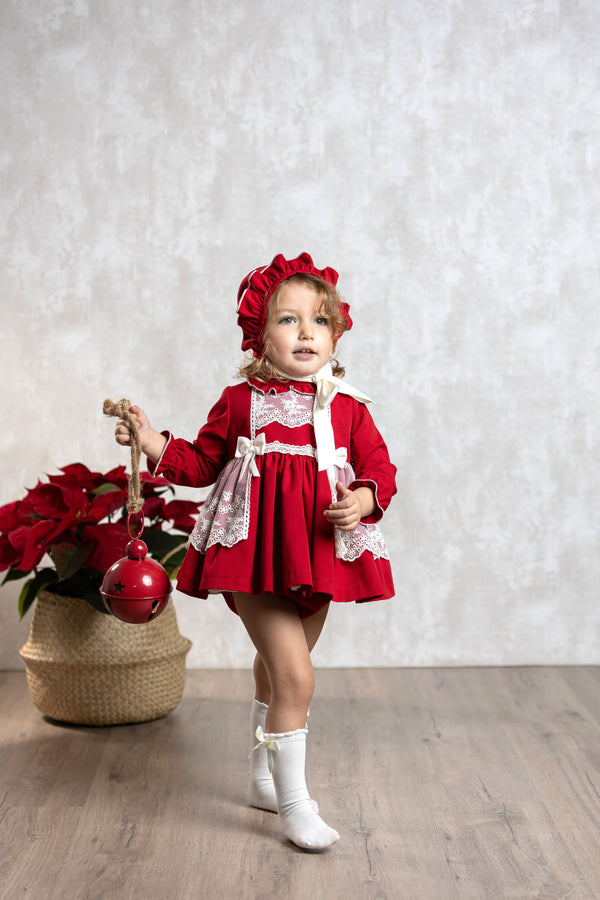 Abuela Tata Red & Cream Baby Dress, Pants & Bonnet Set - 1299345