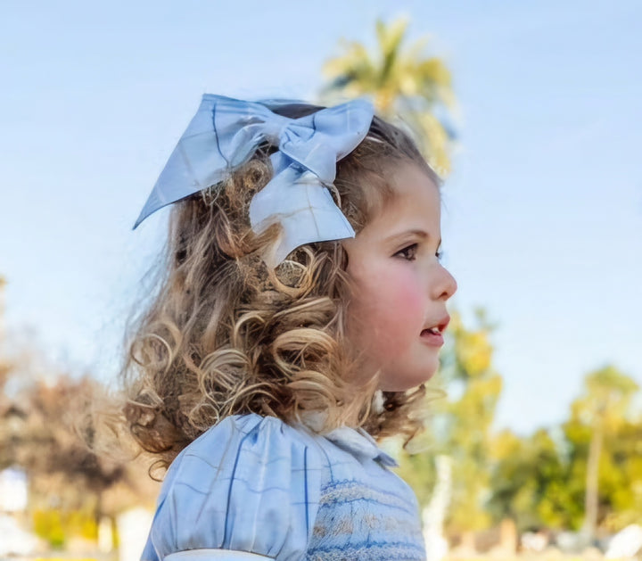 Naxos Hair Bow To Match Baby Blue Check Smocked Dress - 7426