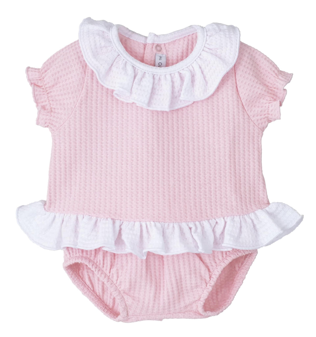 Calamaro Girls Two Piece Pink & White Waffle Jam Pants Set With Pretty Back & Bow Pants - 11097