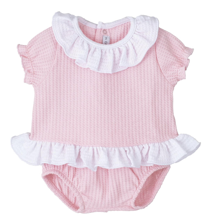 Calamaro Girls Two Piece Pink & White Waffle Jam Pants Set With Pretty Back & Bow Pants - 11097