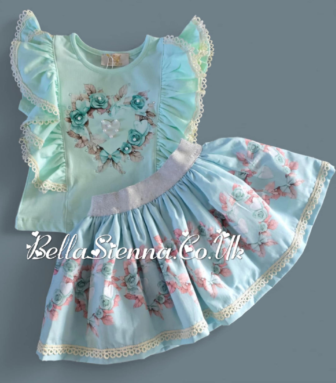 Mint Green "Flower Heart" Skirt & Top Set - 4024