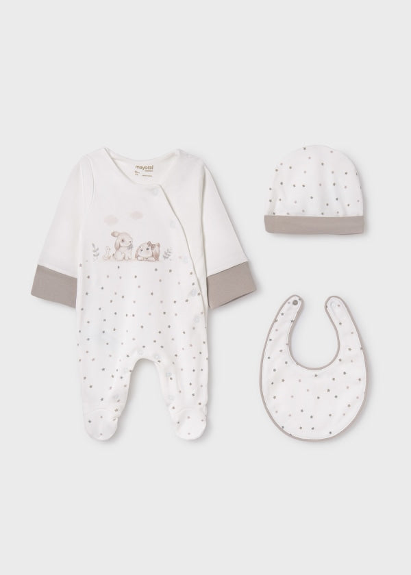 Mayoral Three Piece Newborn Hospital Set - Sleepsuit, Hat & Bib - 9516 - Nuez