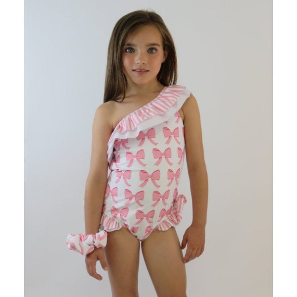 Beau Girls Frilly Bow Pink Swimming Costume