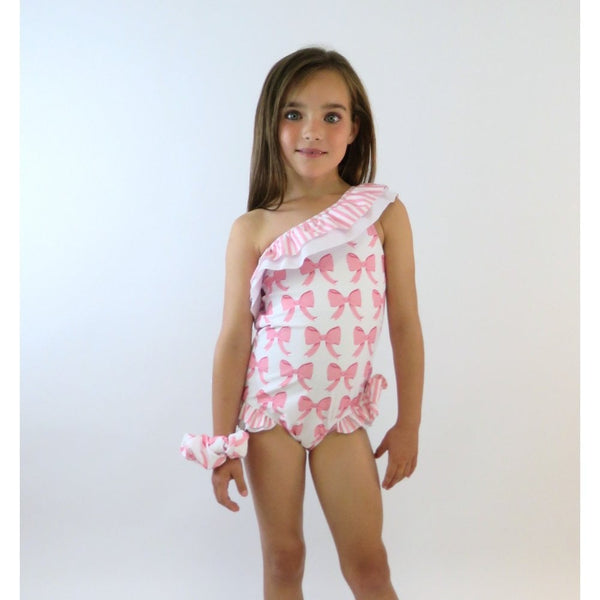 Beau Girls Frilly Bow Pink Swimming Costume