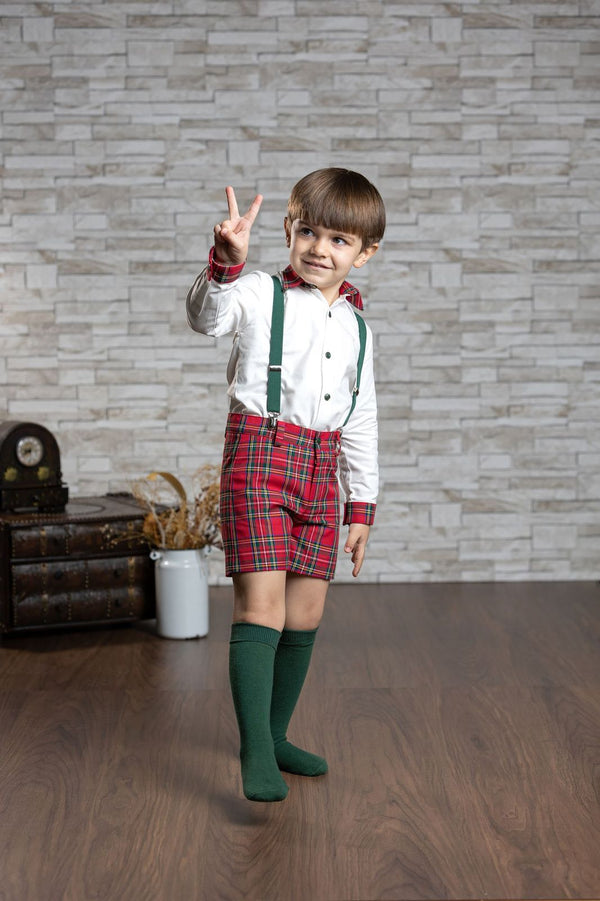 Abuela Tata Red & Green Tartan Boys Shirt & Shorts Set - 43099349