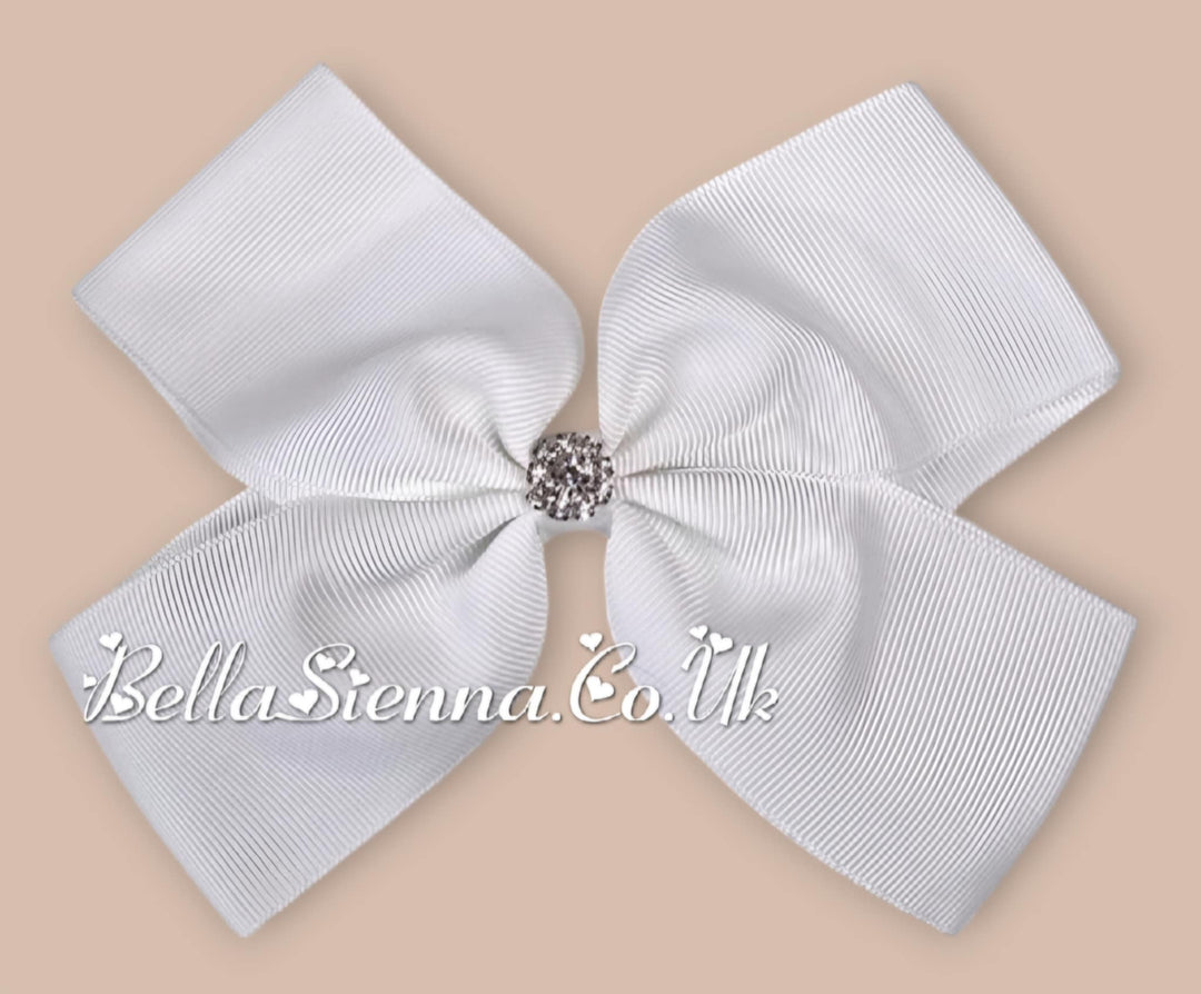 Bowtique London 6 Inch White Grosgrain Large Hair Bow With Diamanté Centre
